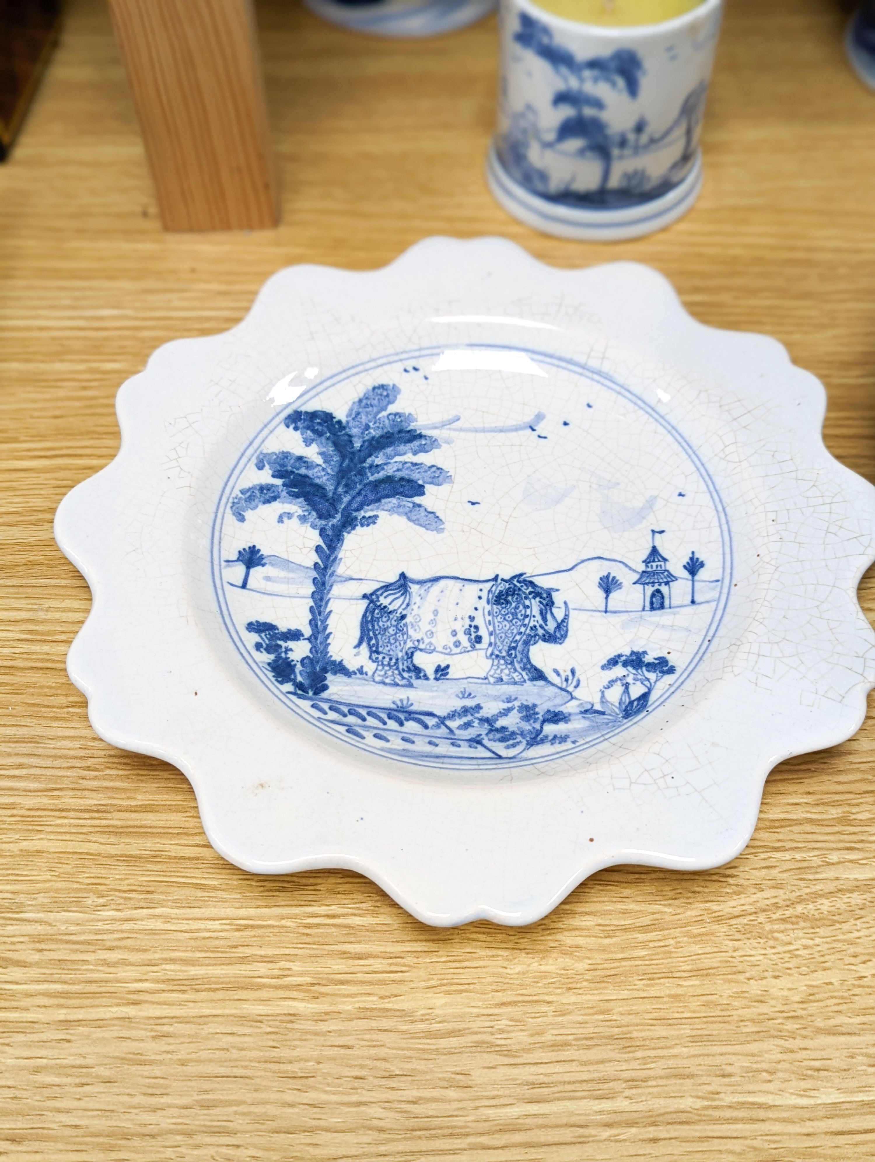 Isis pottery for Colefax and Fowler, a group of blue and white ceramics decorated in imitation of Bristol delftwares